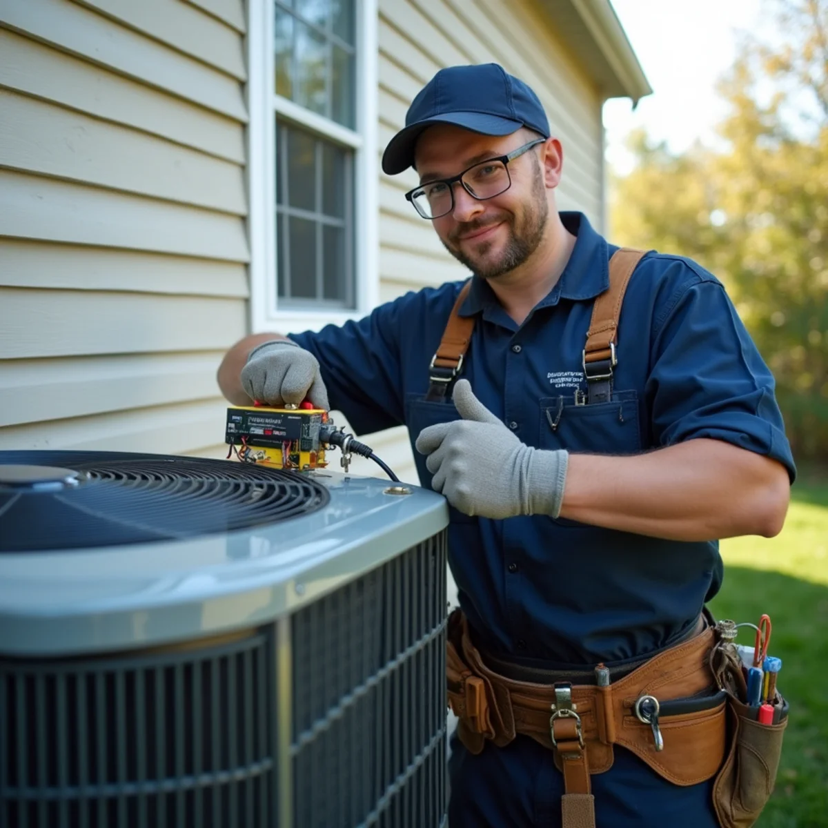 HVAC technician testing capacitor and electrical controls on an outdoor air conditioning condenser in Bel Air, MD