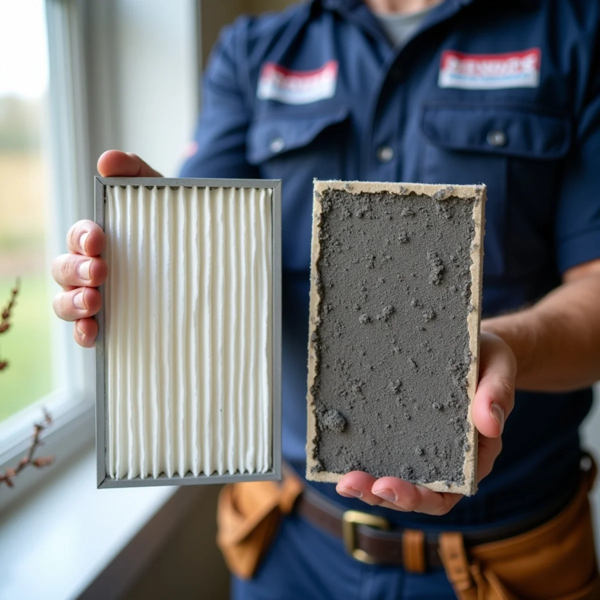 Comparing a dust-clogged furnace filter with a clean white replacement filter in Harford County home