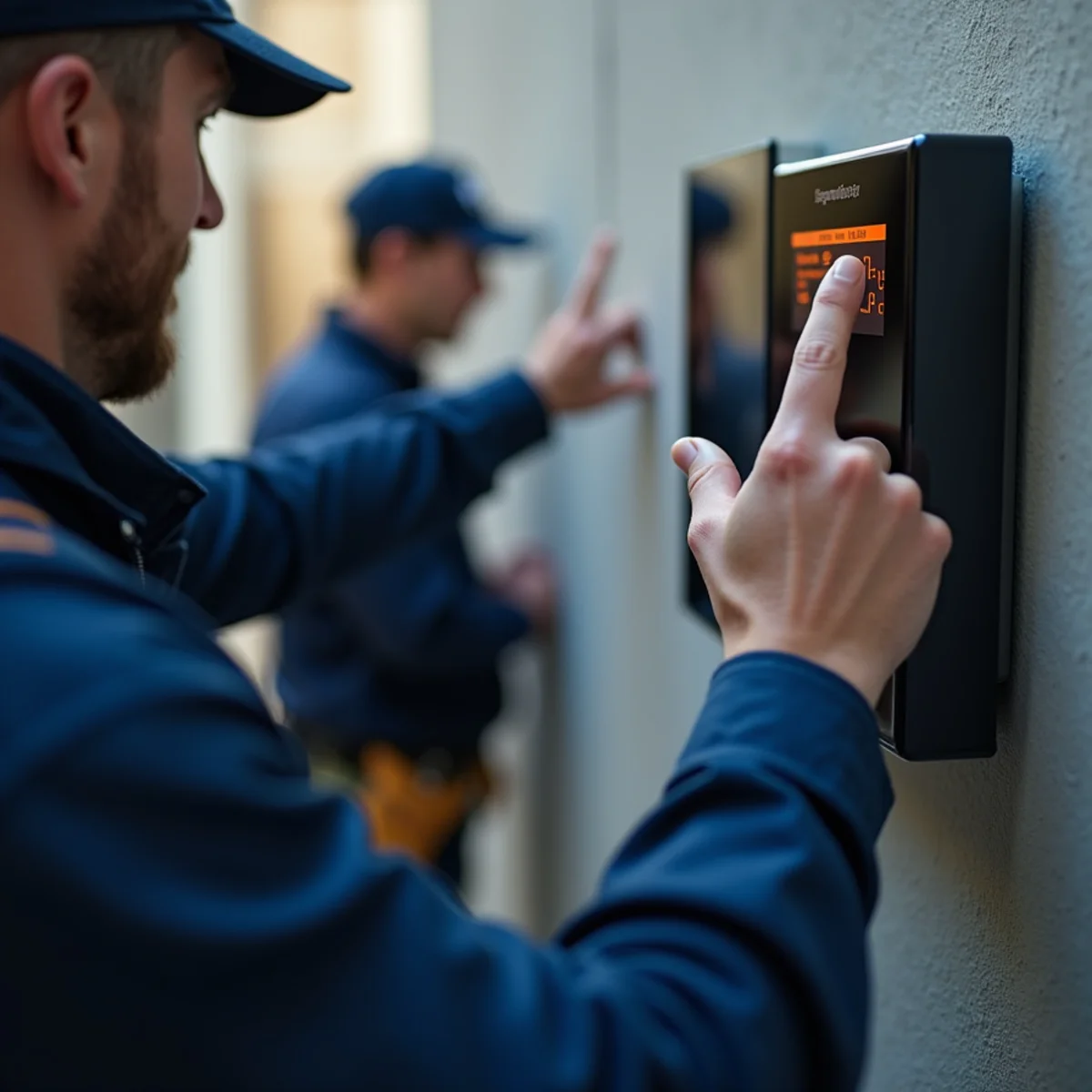 Digital wall thermostat switched to emergency heat mode to activate auxiliary electric heat strips