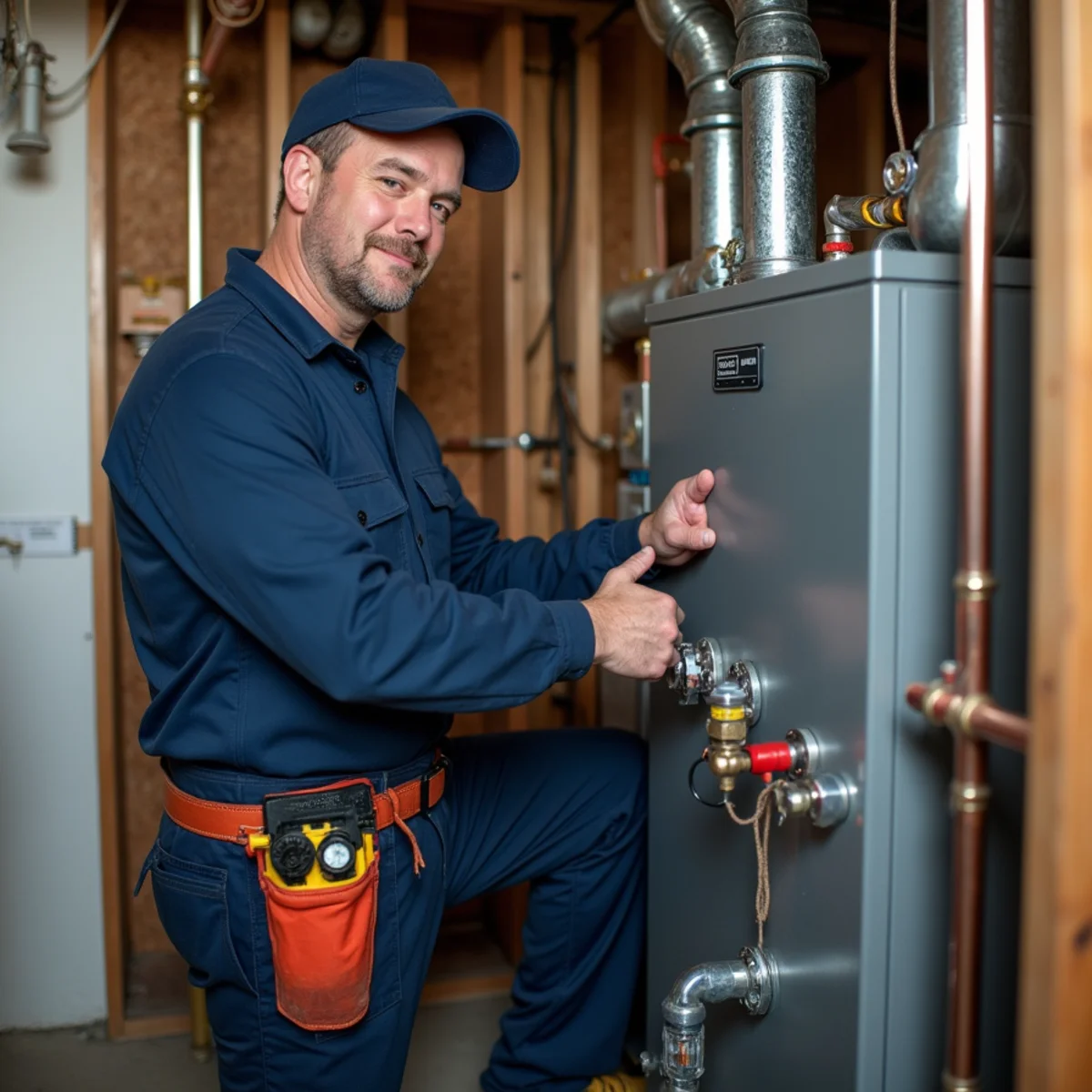 HVAC technician servicing Beckett oil burner and nozzle assembly on residential heating boiler in Harford County