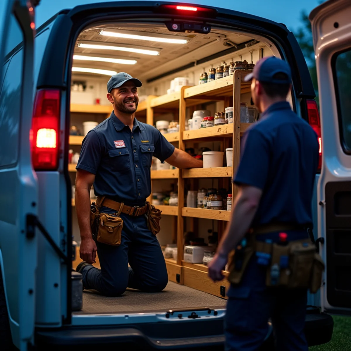 HVAC technician testing high voltage disconnect at night during an emergency repair call in Bel Air