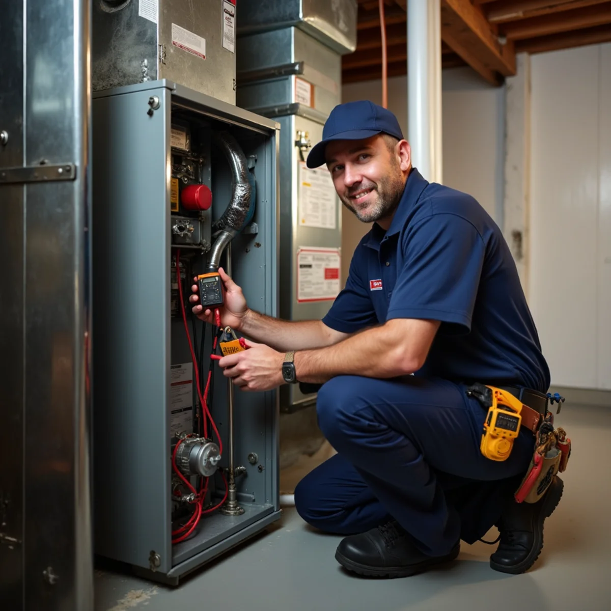 HVAC technician inspecting gas burners and hot surface igniter on residential furnace in Bel Air, MD