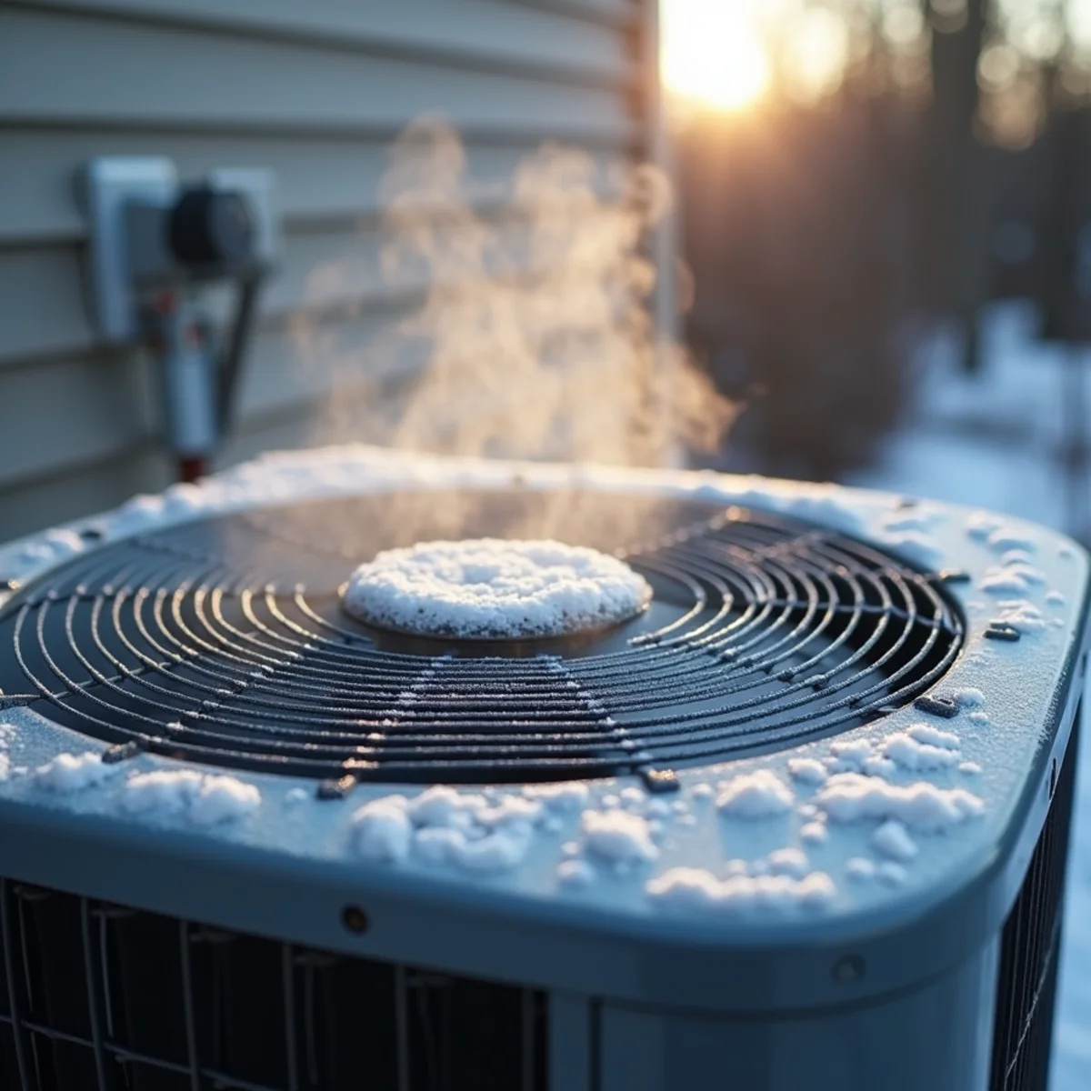 Outdoor heat pump unit with normal light frost versus heavy ice buildup in Maryland winter