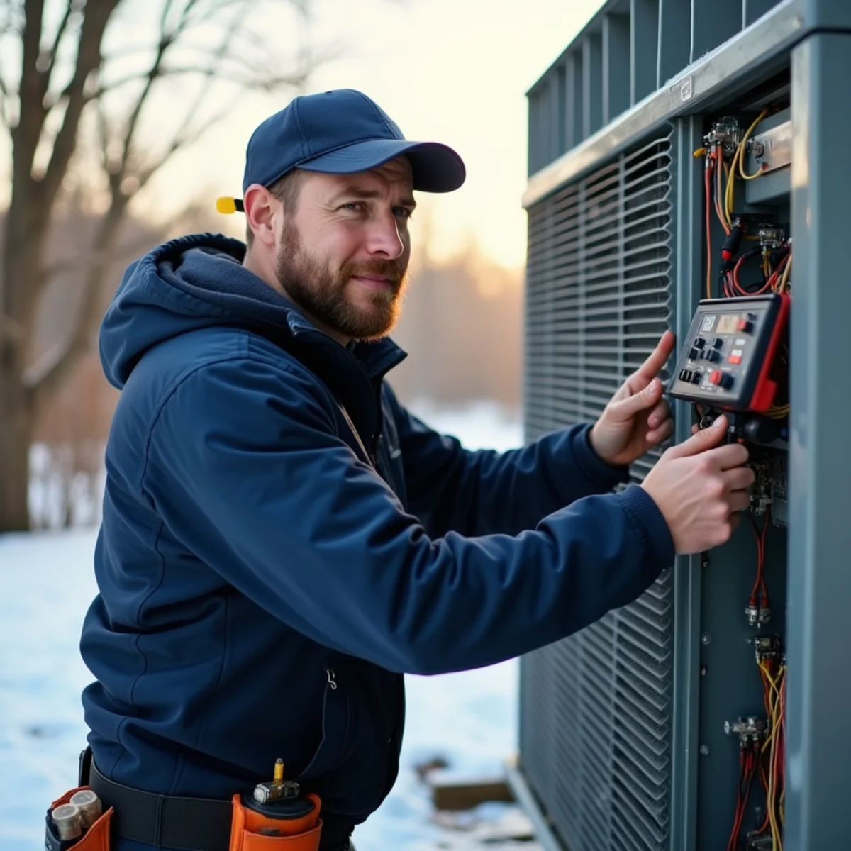 HVAC technician diagnosing outdoor heat pump reversing valve and defrost board in Harford County winter