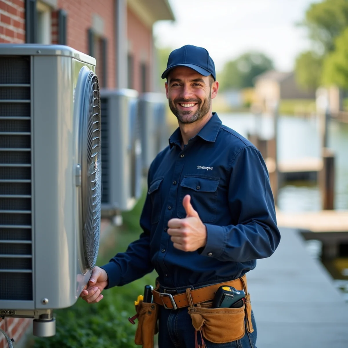 HVAC technician inspecting waterfront home air conditioning system on Rumsey Island in Joppatowne, MD